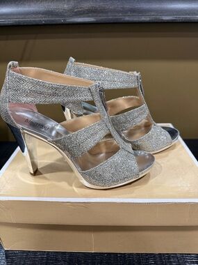 Michael Kors Silver Glitter T-Strap Block Heel Sandals